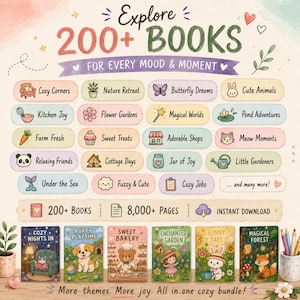 Puede incluir: Un gr&aacute;fico digital con el texto Explore 200+ BOOKS FOR EVERY MOOD & MOMENT. Incluye una cuadr&iacute;cula de etiquetas de colores pastel con iconos y t&iacute;tulos como Cozy Corners, Nature Retreat y Sweet Treats, adem&aacute;s de seis ilustraciones de portadas.