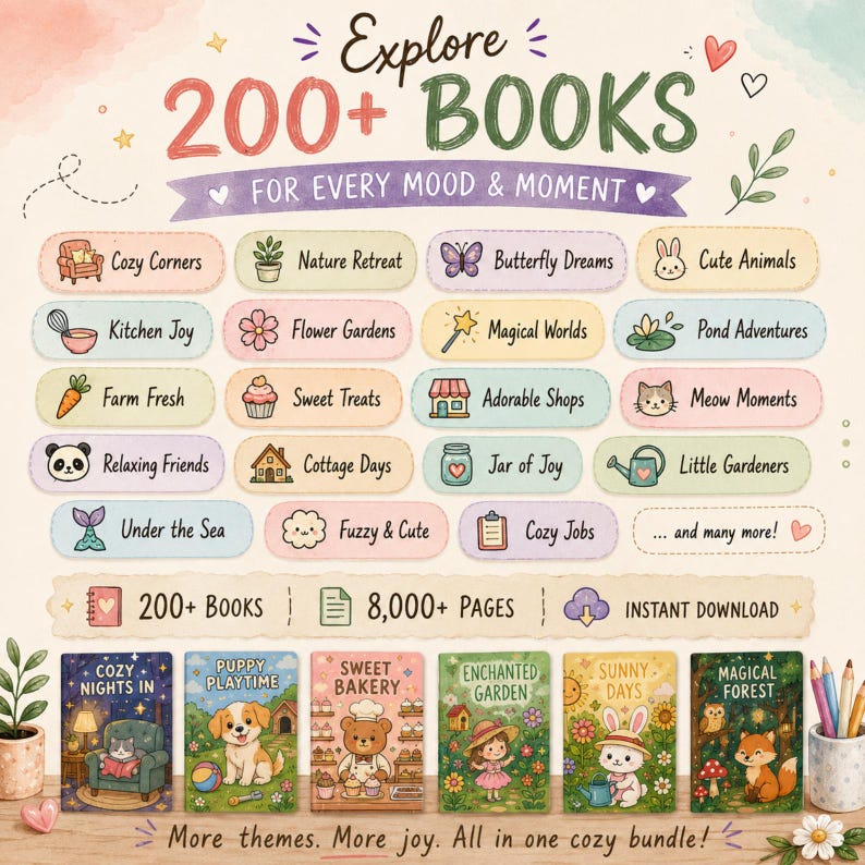 Puede incluir: Un gr&aacute;fico digital con el texto Explore 200+ BOOKS FOR EVERY MOOD & MOMENT. Incluye una cuadr&iacute;cula de etiquetas de colores pastel con iconos y t&iacute;tulos como Cozy Corners, Nature Retreat y Sweet Treats, adem&aacute;s de seis ilustraciones de portadas.