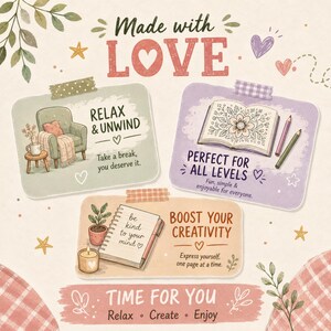 Puede incluir: Una ilustraci&oacute;n digital titulada Made with Love que presenta tres tarjetas rectangulares. Las tarjetas muestran dibujos de un sill&oacute;n c&oacute;modo, un libro para colorear abierto con l&aacute;pices y un cuaderno con una planta y una vela, junto a textos.
