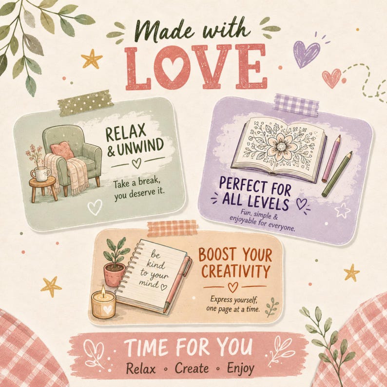 Puede incluir: Una ilustraci&oacute;n digital titulada Made with Love que presenta tres tarjetas rectangulares. Las tarjetas muestran dibujos de un sill&oacute;n c&oacute;modo, un libro para colorear abierto con l&aacute;pices y un cuaderno con una planta y una vela, junto a textos.