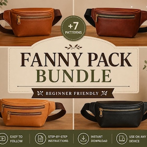 May include: A digital pattern bundle for fanny packs featuring text that reads FANNY PACK BUNDLE, +7 PATTERNS, BEGINNER FRIENDLY, EASY TO FOLLOW, STEP-BY-STEP INSTRUCTIONS, INSTANT DOWNLOAD, and USE ON ANY DEVICE, with four fanny pack examples shown.