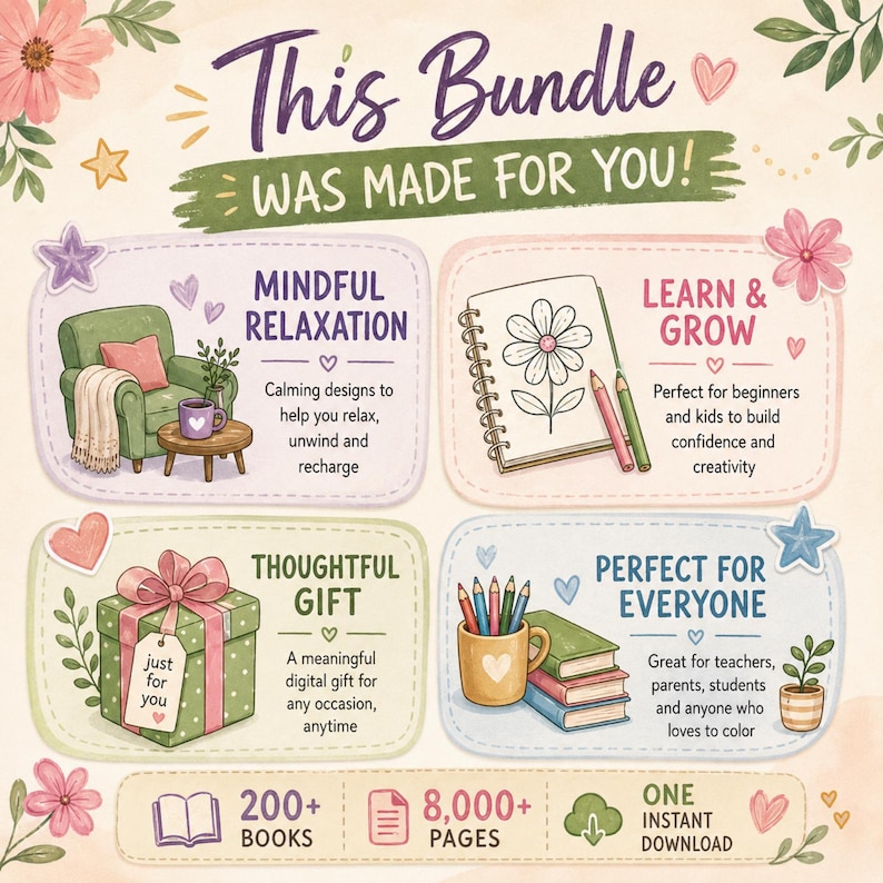 Puede incluir: Un anuncio de paquete digital con el texto This Bundle WAS MADE FOR YOU! y cuatro secciones: Mindful Relaxation con un sill&oacute;n verde, Learn & Grow con un boceto de flor, Thoughtful Gift con un regalo y Perfect for Everyone con l&aacute;pices de colores.