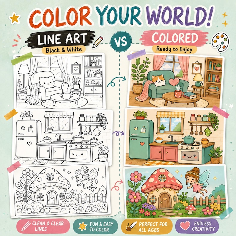 Puede incluir: Una tabla comparativa titulada COLOR YOUR WORLD! que muestra tres ilustraciones de arte lineal en blanco y negro a la izquierda y sus versiones a todo color a la derecha, con una sala de estar acogedora, una cocina y una casa de hadas.