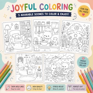 Puede incluir: Un conjunto de libro para colorear digital con cinco ilustraciones de arte lineal en blanco y negro de animales lindos en varios entornos, incluyendo una sala de estar acogedora, una cocina, una casa de hongos, un ba&ntilde;o y un picnic, con l&aacute;pices de colores.