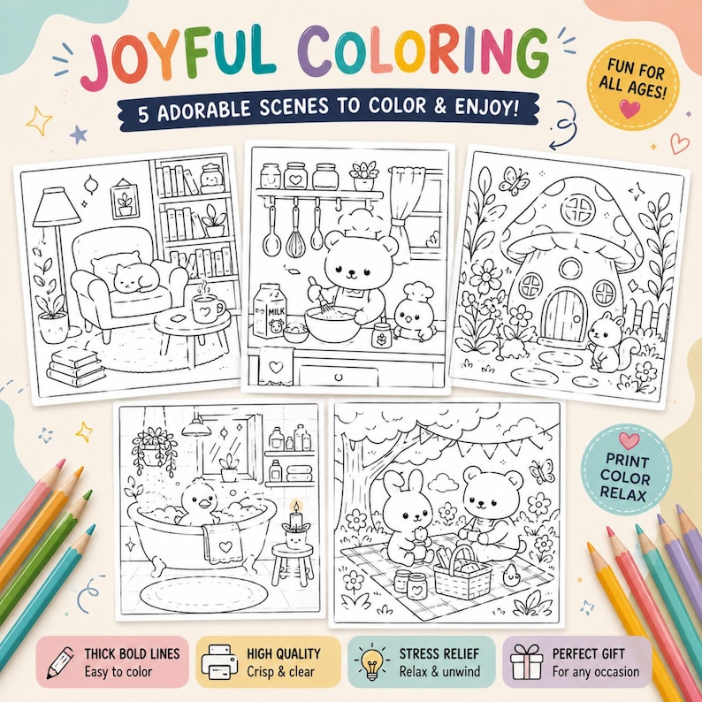 Puede incluir: Un conjunto de libro para colorear digital con cinco ilustraciones de arte lineal en blanco y negro de animales lindos en varios entornos, incluyendo una sala de estar acogedora, una cocina, una casa de hongos, un ba&ntilde;o y un picnic, con l&aacute;pices de colores.