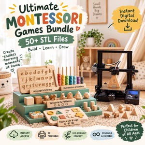 Peut inclure: Un produit numérique pour un ensemble de jeux Montessori avec plus de 50 fichiers STL. L'image montre des jouets éducatifs en bois, dont une planche à tracer l'alphabet, un boulier coloré, des formes géométriques et une imprimante 3D.