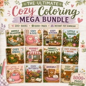 Puede incluir: Un paquete de libros para colorear digitales titulado The Ultimate Cozy Coloring Mega Bundle, que incluye 200 libros y 8.000 p&aacute;ginas. La portada muestra doce ilustraciones cuadradas de escenas acogedoras con animales, cocinas, jardines y habitaciones.