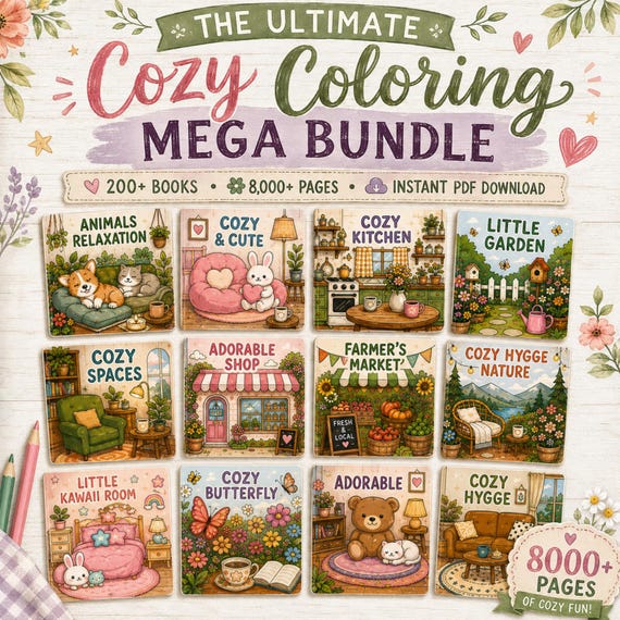 8,000+ Bold and Easy Coloring Pages Bundle | Kawaii Cozy Coloring Book PDF | Printable Coloring Pages Adults Kids | Instant Digital Download