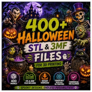 Może przedstawiać: Grafika cyfrowa z tekstem 400+ HALLOWEEN STL & 3MF FILES FOR 3D PRINTING. Obraz przedstawia wampira, szkielet, czarownicę z kociołkiem, zombie i czarnego kota na tle upiornego krajobrazu z dyniami i zamkiem w świetle księżyca.
