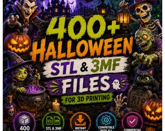 Op de afbeelding: Een digitale afbeelding met de tekst 400+ HALLOWEEN STL & 3MF FILES FOR 3D PRINTING. De afbeelding toont een vampier, een skelet, een heks met een ketel, een zombie en een zwarte kat tegen een griezelige achtergrond met pompoenen en een kasteel.