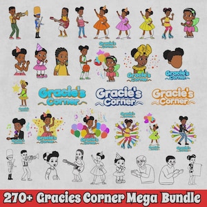 May include: A digital collection of Gracie's Corner character illustrations featuring various children in colorful outfits, musical instruments, party themes, and sports gear, alongside the Gracie's Corner logo and black and white line art versions.
