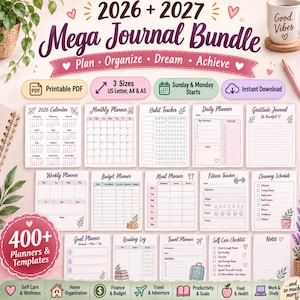 Peut inclure: Un ensemble de journaux 2026 et 2027 comprenant plus de 400 planificateurs et modèles PDF imprimables. Inclut des calendriers, des planificateurs mensuels, hebdomadaires et quotidiens, des suivis d'habitudes, de budget, de repas et d'objectifs.