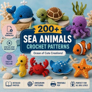 Può includere: Una guida digitale intitolata 200+ SEA ANIMALS CROCHET PATTERNS con figure amigurumi all'uncinetto, tra cui una balena blu, una tartaruga verde, un polpo viola, un pesce pagliaccio arancione, un cavalluccio marino giallo, un granchio rosso, una razza blu e una stella marina arancione.