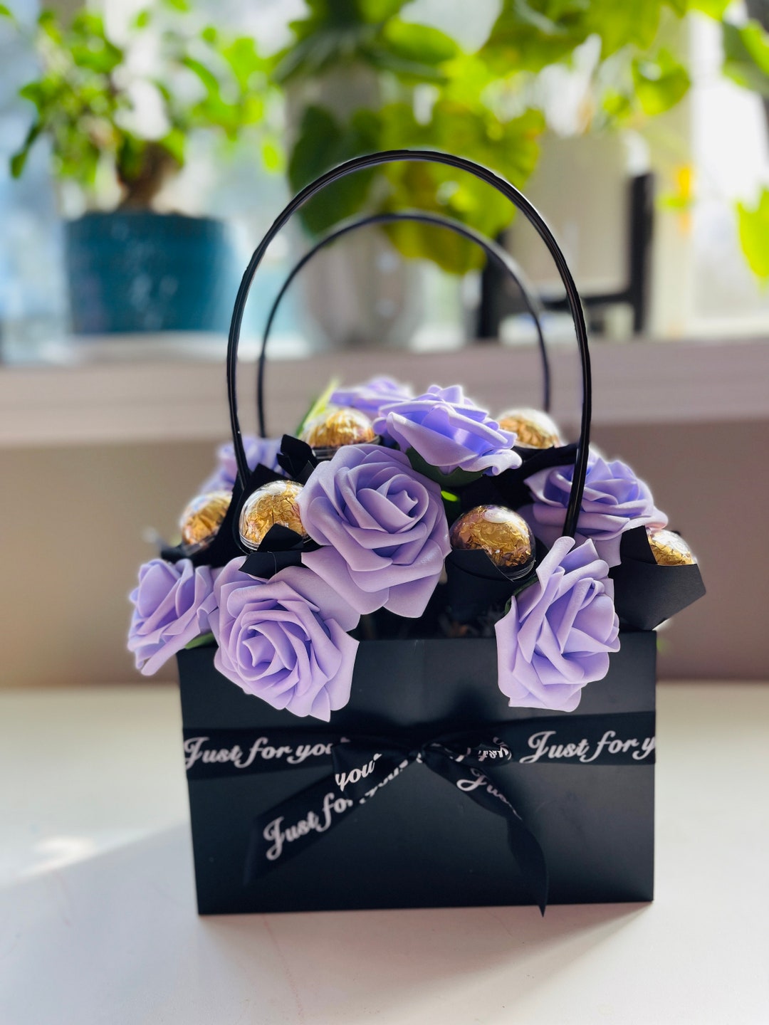 Purple JUST FOR YOU Flower Bag Arrangement , Mothers Day Gift, Birthday