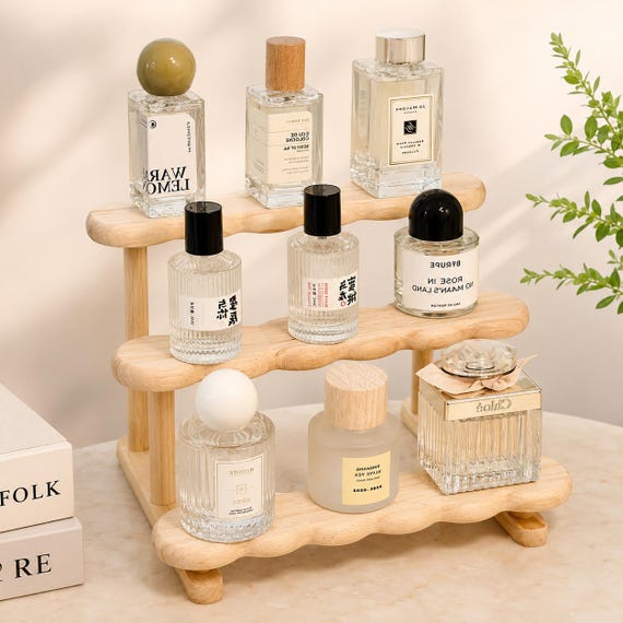 Birch Wood Display Shelf, Perfume Organizer Stand, Wooden Vanity Rack, Minimalist Home Decor