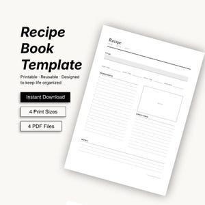 Pode incluir: Um modelo de livro de receitas branco com texto preto. A página inclui seções para título, tempo de preparação, tempo de cozimento, tempo total, porções, ingredientes, uma caixa para uma imagem, instruções e notas.