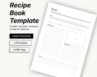 Printable Recipe Book Template, Blank Cookbook Organizer (Instant Download)