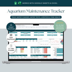 Pode incluir: Uma planilha digital de rastreamento de manutenção de aquário exibida em uma tela de laptop. A interface inclui seções para trocas de água, testes, gado e saúde do tanque, com gráficos, tabelas e um painel automático para rastreamento.