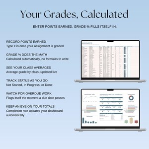 May include: A digital grade tracker template displayed on two laptop screens against a light blue background. The text reads Your Grades, Calculated, Enter points earned. Grade % fills itself in, and lists features like tracking status and class averages.