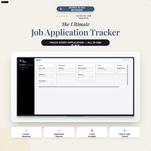 May include: A digital job application tracker interface displayed on a screen. The dashboard features a pipeline view with columns for applied, phone screen, interview, offer, and rejected statuses. Text includes The Ultimate Job Application Tracker.