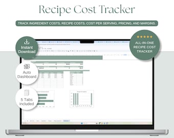 May include: A digital Recipe Cost Tracker spreadsheet displayed on a laptop screen. The interface includes tables for ingredient costs, recipe costs, margins, and pricing, with charts for data visualization. Text includes Works with Google Sheets & Excel.