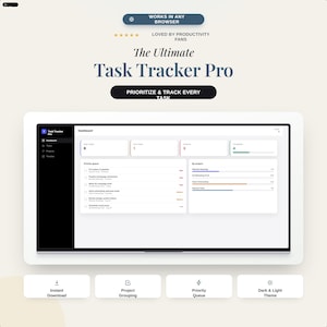Könnte beinhalten: Ein digitales Aufgabenverwaltungs-Dashboard namens Task Tracker Pro auf einem Bildschirm. Die Benutzeroberfläche zeigt eine Seitenleiste, Zusammenfassungskarten für offene Aufgaben, Fälligkeitsdaten und Projektfortschrittsbalken. Darunter befinden sich vier Schaltflächen für Download, Gruppierung, Priorität und Design.