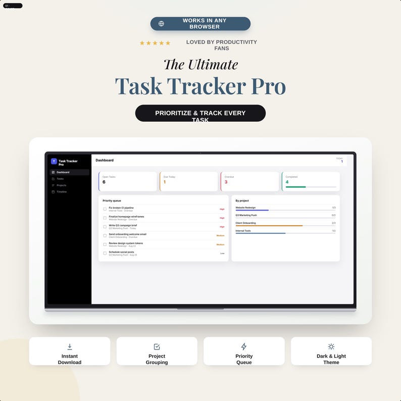 May include: A digital task management dashboard titled Task Tracker Pro displayed on a screen. The interface features a sidebar, summary cards for open tasks, due dates, and project progress bars. Below are four buttons for instant download, project grouping, priority queue, and theme toggling.