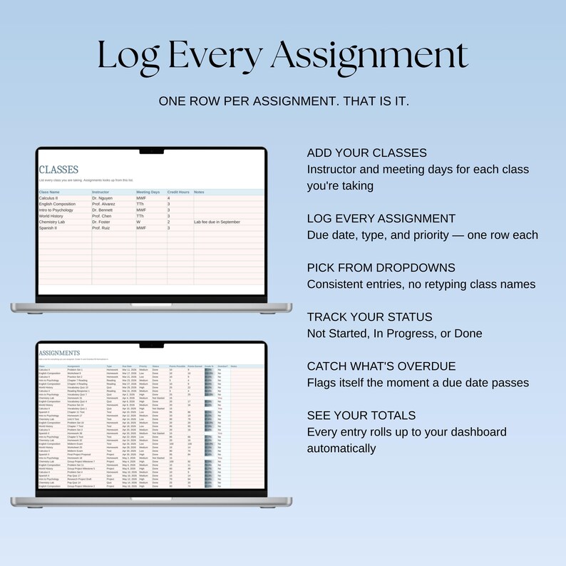 May include: A digital assignment tracker displayed on two laptop screens against a light blue background. The text reads Log Every Assignment, One row per assignment. That is it, Add your classes, Log every assignment, Pick from dropdowns, Track your status, Catch what's overdue, and See your totals.