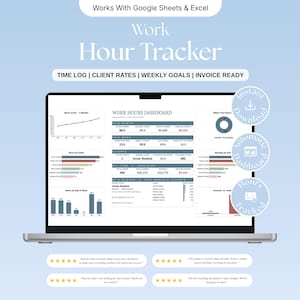 Könnte beinhalten: Eine digitale Arbeitszeiterfassungs-Tabelle auf einem Laptop-Bildschirm, die ein Dashboard mit Diagrammen, Tabellen und Metriken für Zeitprotokolle, Kundensätze und Wochenziele zeigt. Text umfasst Works With Google Sheets & Excel und Work Hour Tracker.