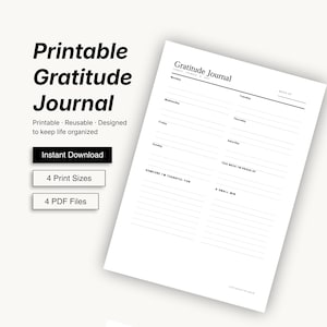 May include: A white printable gratitude journal page with black text. The layout includes sections for each day of the week, a space for 'Someone I'm thankful for', 'This week I'm proud of', and 'A small win'. The header reads 'Gratitude Journal'.