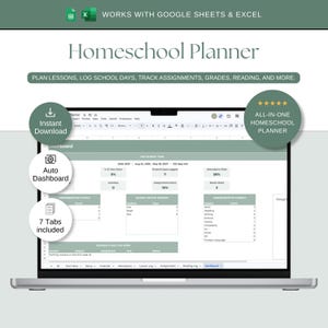 Może przedstawiać: Cyfrowy planer edukacji domowej wyświetlony na ekranie laptopa, kompatybilny z Google Sheets i Excel. Pulpit nawigacyjny zawiera sekcje do śledzenia dni szkolnych, zadań, ocen i czytania, z siedmioma zakładkami do organizacji.