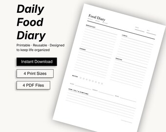 Daily Food Diary Tracker, Meal Water Log (PDF Download)