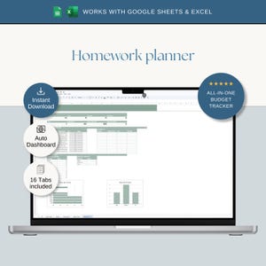 May include: A digital homework planner spreadsheet displayed on a laptop screen, compatible with Google Sheets and Excel. The interface features sage green accents, an auto dashboard, 16 tabs, and charts for tracking assignments by course and priority.
