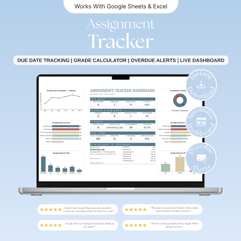 May include: A digital assignment tracker spreadsheet displayed on a laptop screen with the text Works With Google Sheets & Excel, Assignment Tracker, Due Date Tracking, Grade Calculator, Overdue Alerts, Live Dashboard, and customer reviews.