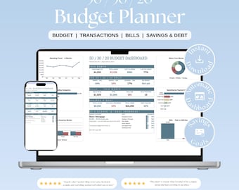 50/30/20 Budget Planner Spreadsheet, Automated Dashboard for Google Sheets & Excel (Digital Download)