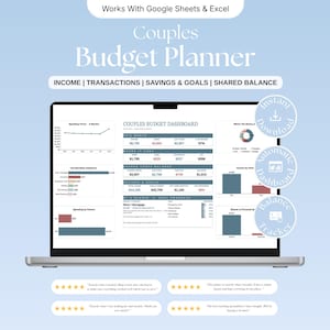 Puede incluir: Un planificador de presupuesto digital para parejas en una pantalla de portátil, con un panel de control para ingresos, transacciones, ahorros y metas. La interfaz incluye gráficos y tablas para seguimiento financiero, compatible con Google Sheets y Excel.