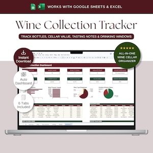 Puede incluir: Una hoja de cálculo digital para el seguimiento de colecciones de vino en la pantalla de un portátil. La interfaz muestra un panel con gráficos, tablas y métricas para registrar botellas, valor de bodega, notas de cata y ventanas de consumo.