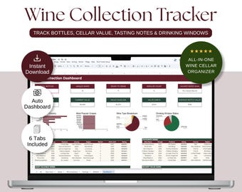 Wine Cellar Tracker Spreadsheet | Inventory Log, Tasting Notes (Google Sheets, Excel), wine accessories present