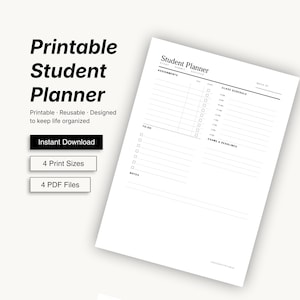 May include: A white printable student planner page with black text and lines. The layout includes sections for assignments, a class schedule from 9 AM to 4 PM, a to-do list with checkboxes, exams, deadlines, and notes. The header reads Student Planner.