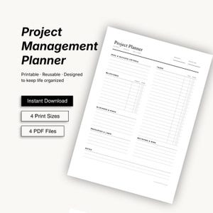 Może przedstawiać: Biały dokument Project Management Planner z czarnym tekstem. Układ zawiera sekcje dla Goal & Success Criteria, Milestones, Tasks, Blockers & Risks, Resources & Links, Decisions & Wins oraz Notes. Tekst zawiera Project Planner, Scope, Track, Deliver, Project i Deadline.