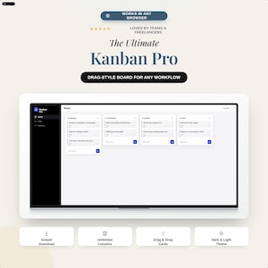 May include: A digital Kanban Pro board interface displayed on a screen, featuring columns for Backlog, In Progress, Review, and Done. The layout includes drag-style cards, a sidebar menu, and text labels such as Works in Any Browser and Loved by Teams & Freelancers.