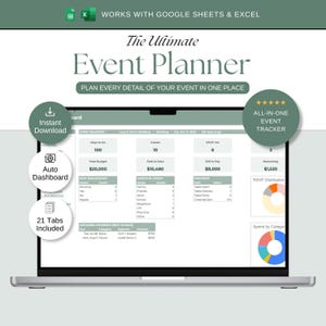 La hoja de cálculo definitiva para la planificación de eventos, plantilla todo en uno para Google Sheets y Excel, presupuesto, lista de invitados y plano de asientos.