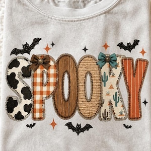 Spooky Western Patchwork PNG, Cow Print Desert Halloween, Rustic Fabric Wordmark, Halloween Shirt PNG, Digital Download