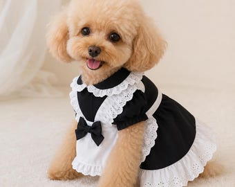 Black & White Ruffle Pet Dress, Lace Apron Dog Outfit, XS–XXL