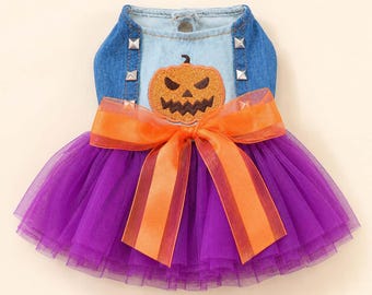 Pumpkin Tutu Dog Dress, Purple Halloween Pet Outfit for Small Dogs