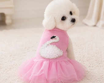 Pink Swan Tutu Dog Dress, Layered Tulle Pet Outfit, Small Dog Apparel