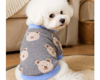 Bear Knit Dog Cardigan, Gray Blue Button Pet Sweater, XS-XXL