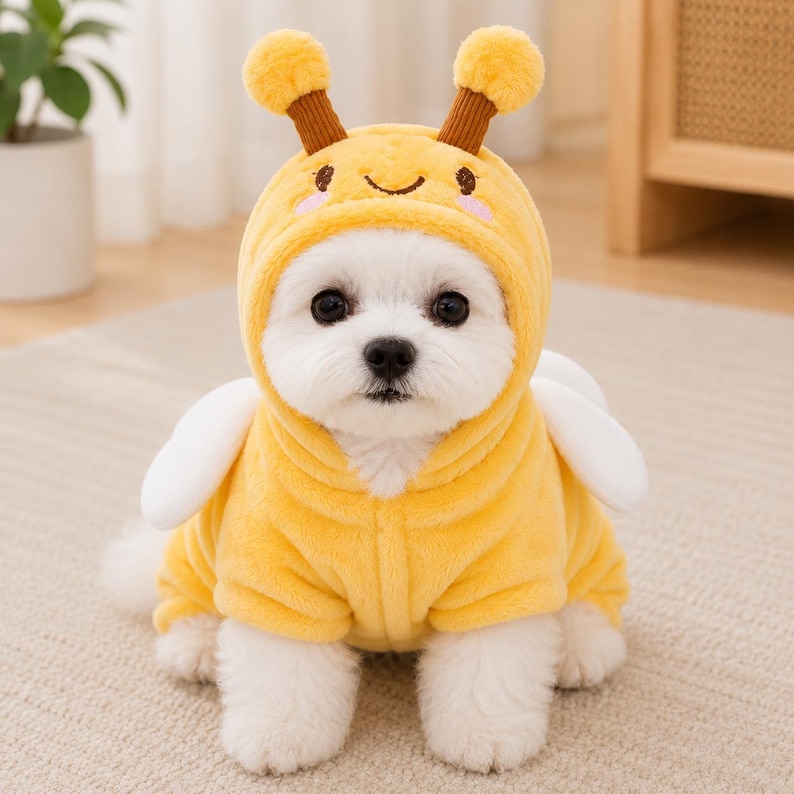 May include: A yellow plush pet hoodie featuring a hood with two brown-striped antennae, embroidered eyes, and a smiling mouth. The garment includes white fabric wings attached to the sides, designed to resemble a bee, made of soft fleece material.