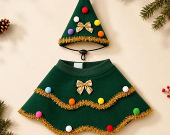 Green Christmas Tree Dog Costume, Festive Pet Cape and Matching Hat