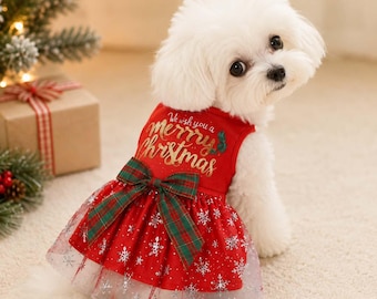 Christmas Dog Dress, Red Snowflake Pet Outfit, Plaid Bow, XS-XL